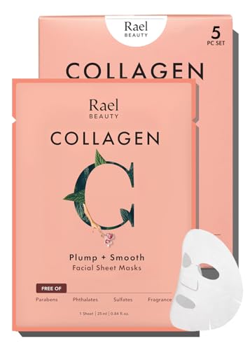 Rael Face Mask Skin Care, Collagen Face Masks - Bamboo Facial Sheet Mask, Korean Skincare, with Collagen Essence and Fruit Extracts, Nourishing and Hydrating, All Skin Types (Collagen, 5 Sheets)
