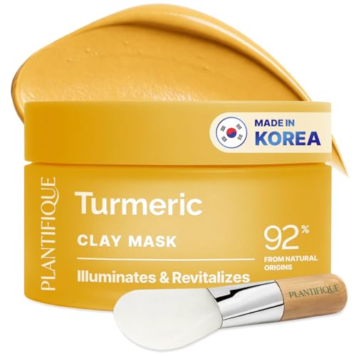 PLANTIFIQUE Korean Turmeric Clay Mask with Vitamin C for Face & Body – Targets Dark Spots, Refines Pores & Hydrates – Mascarilla de Arcilla – Includes Spatula – 110g / 3.88 oz