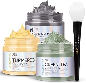 ANAI RUI 3 Pcs Face Mask Set - Turmeric Clay Mask - Green Tea Face Mask - Dead Sea Mud Mas